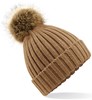 Beechfield CB412 Faux Fur Pop Pom Chunky Beanie - Biscuit - One Size afbeelding